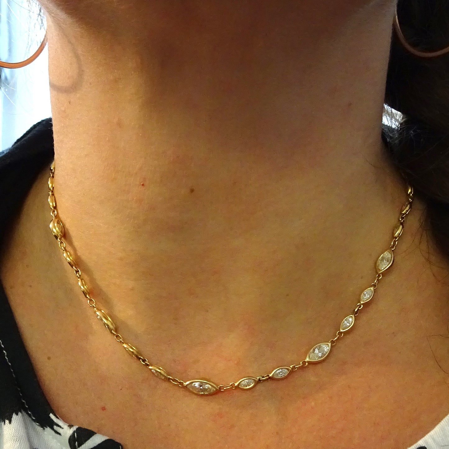 Post-1980s 18KT Yellow Gold Marquise Diamond Necklace worn on neck