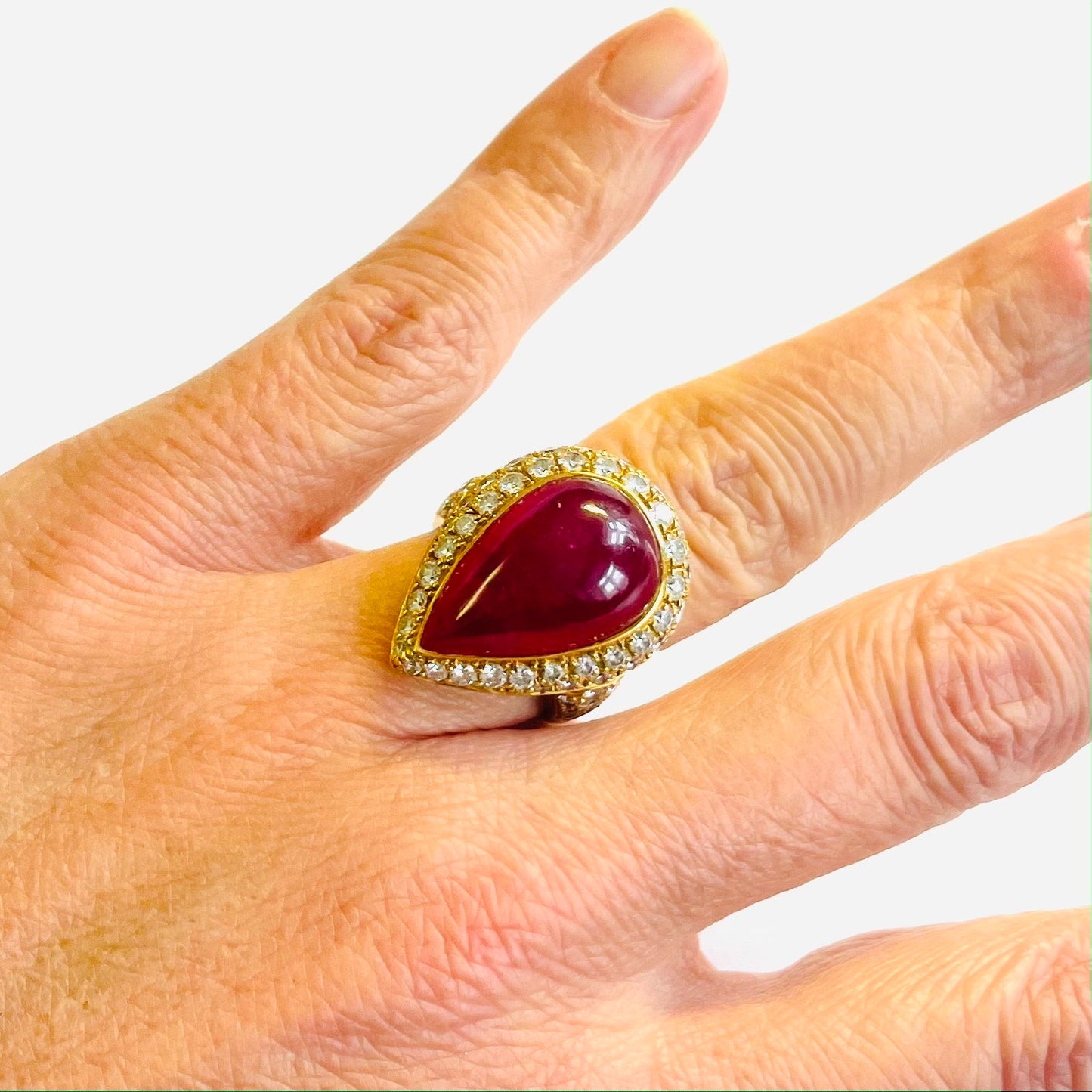 Hemmerle 1980s Platinum & 18KT Yellow Gold African Unheated Ruby & Diamond Ring on finger