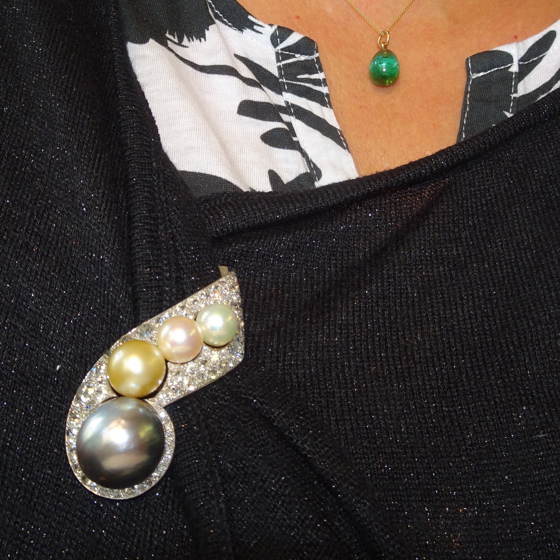 Rene Boivin 1940s Platinum Diamond & Cultured Pearl Brooch worn on shirt