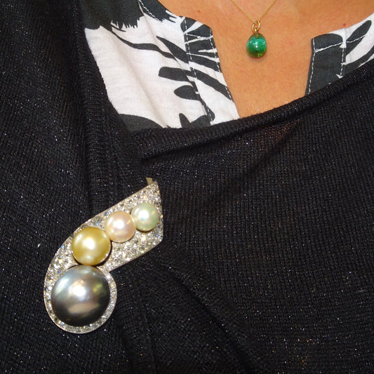 Rene Boivin French 1940s Platinum & 18KT Yellow Gold Diamond & Cultured Pearl Brooch worn on shirt