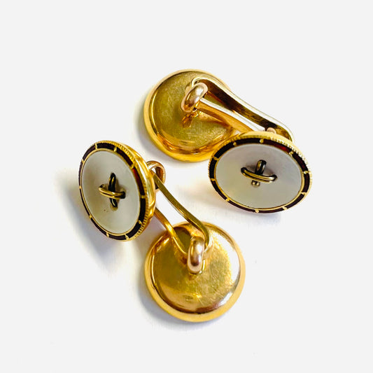 Edwardian 14KT Yellow Gold Mother of Pearl & Enamel Cufflinks back and top