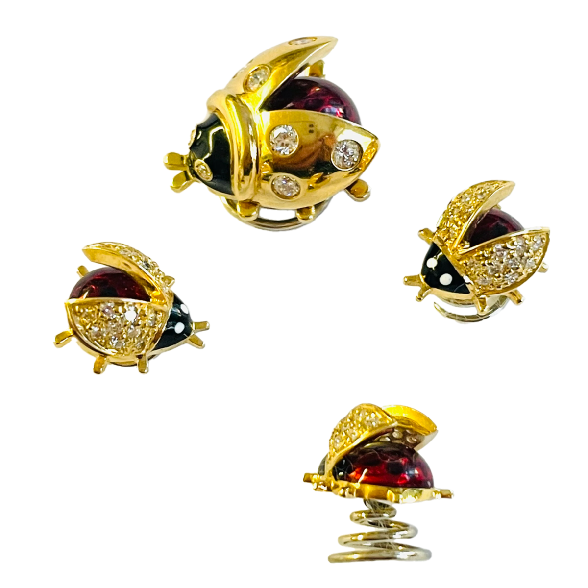 Meister Post-1980s 18KT Yellow Gold Enamel & Diamond Ladybug Brooches front