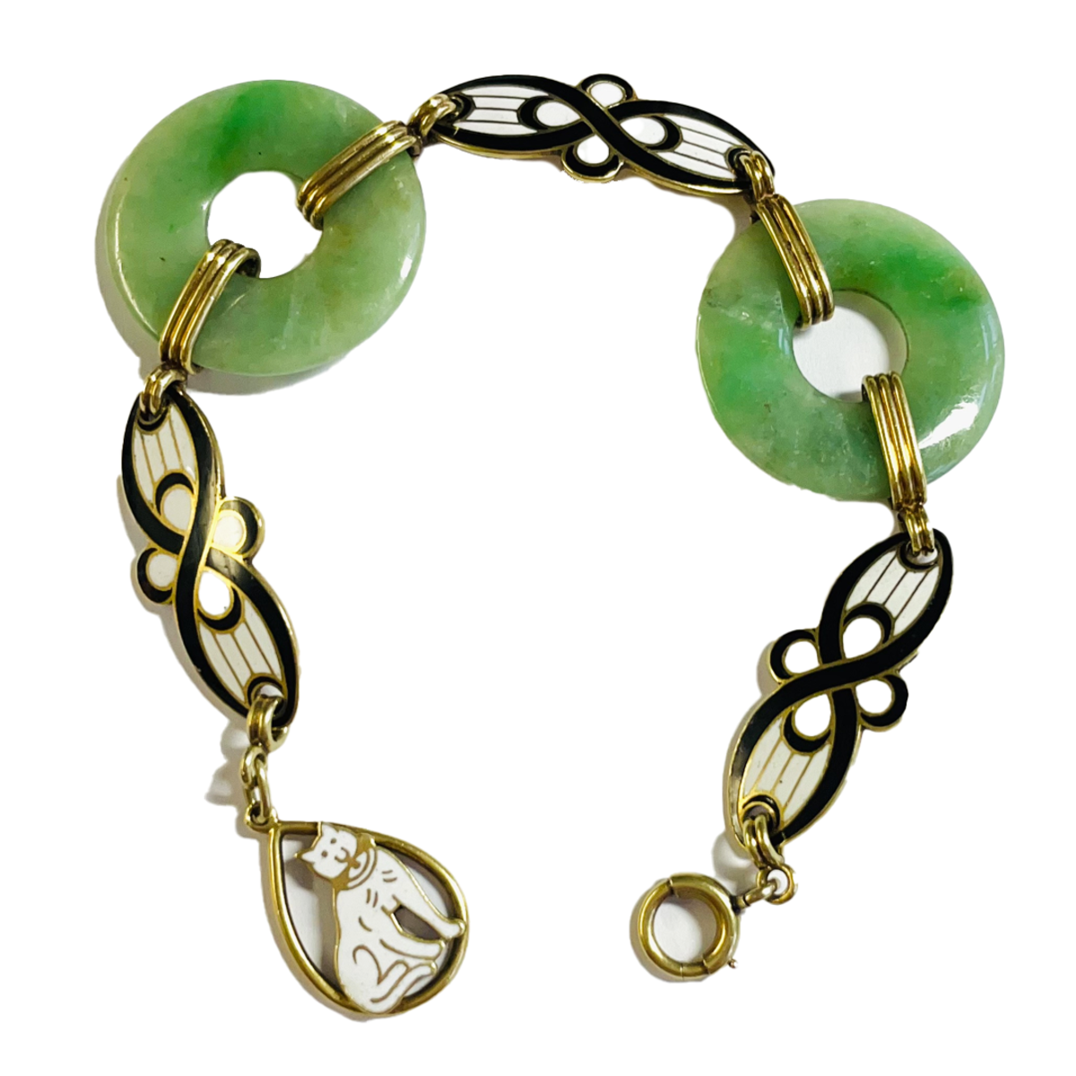 Art Nouveau 14KT Yellow Gold Jadeite & Enamel Bracelet front