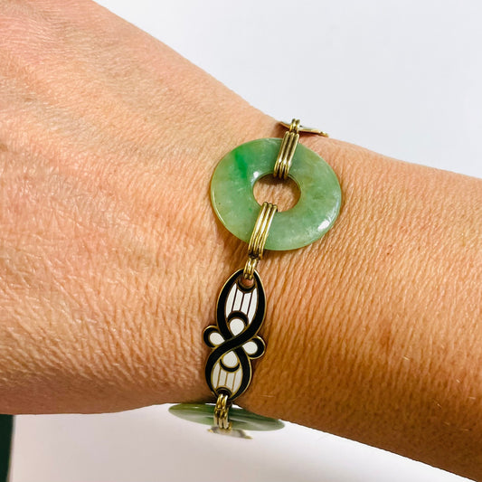 Art Nouveau 14KT Yellow Gold Jadeite & Enamel Bracelet worn on wrist