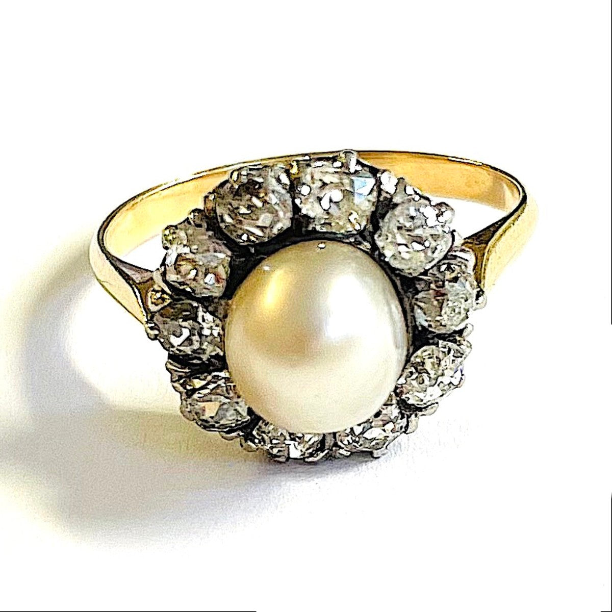 Victorian Silver & 18KT Yellow Gold Natural Pearl & Diamond Ring front