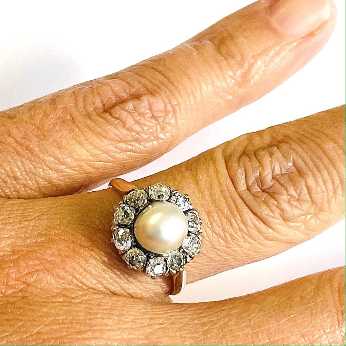 Victorian Silver & 18KT Yellow Gold Natural Pearl & Diamond Ring on finger