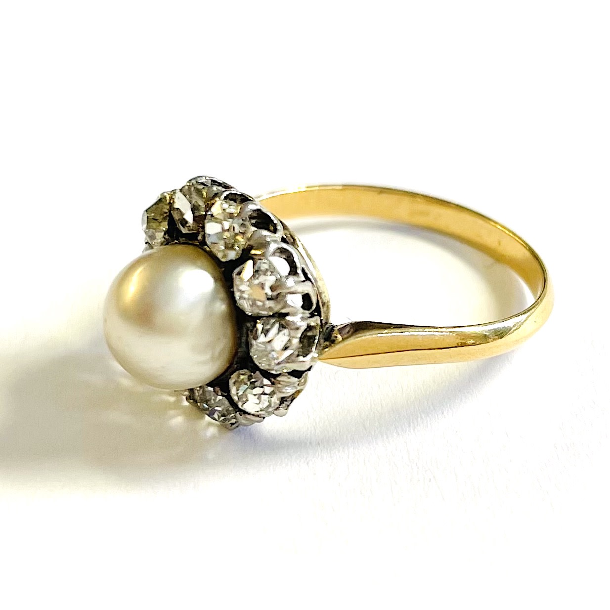 Victorian Silver & 18KT Yellow Gold Natural Pearl & Diamond Ring side
