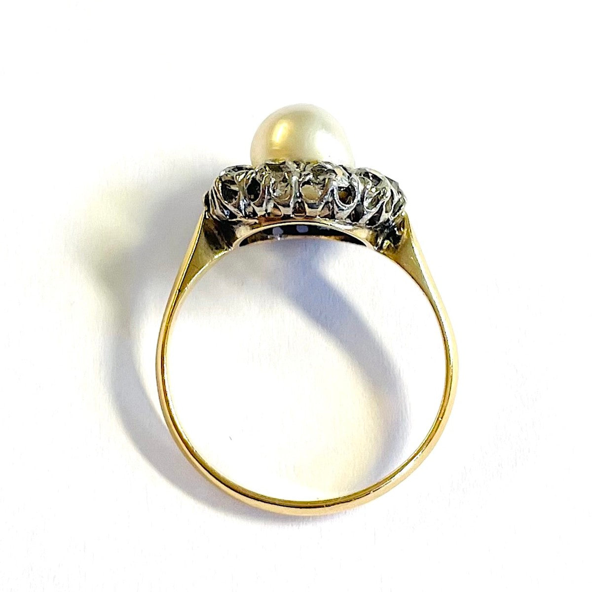 Victorian Silver & 18KT Yellow Gold Natural Pearl & Diamond Ring top