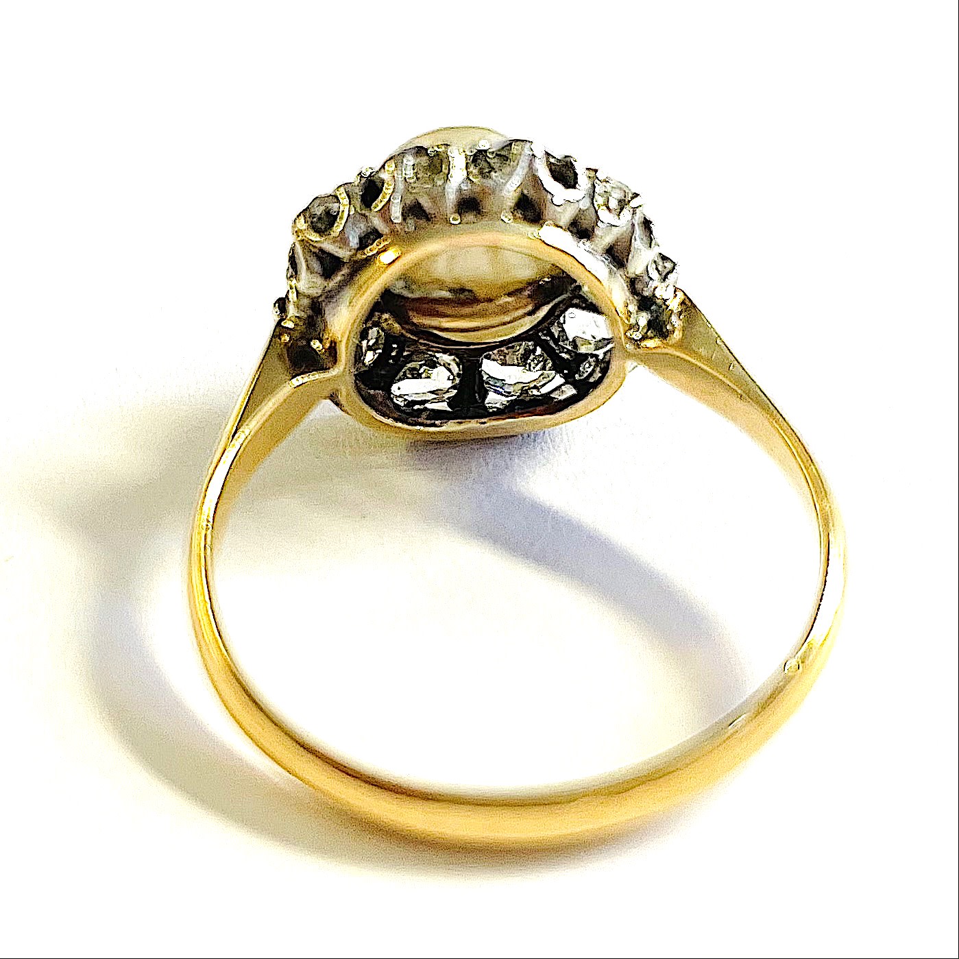 Victorian Silver & 18KT Yellow Gold Natural Pearl & Diamond Ring back