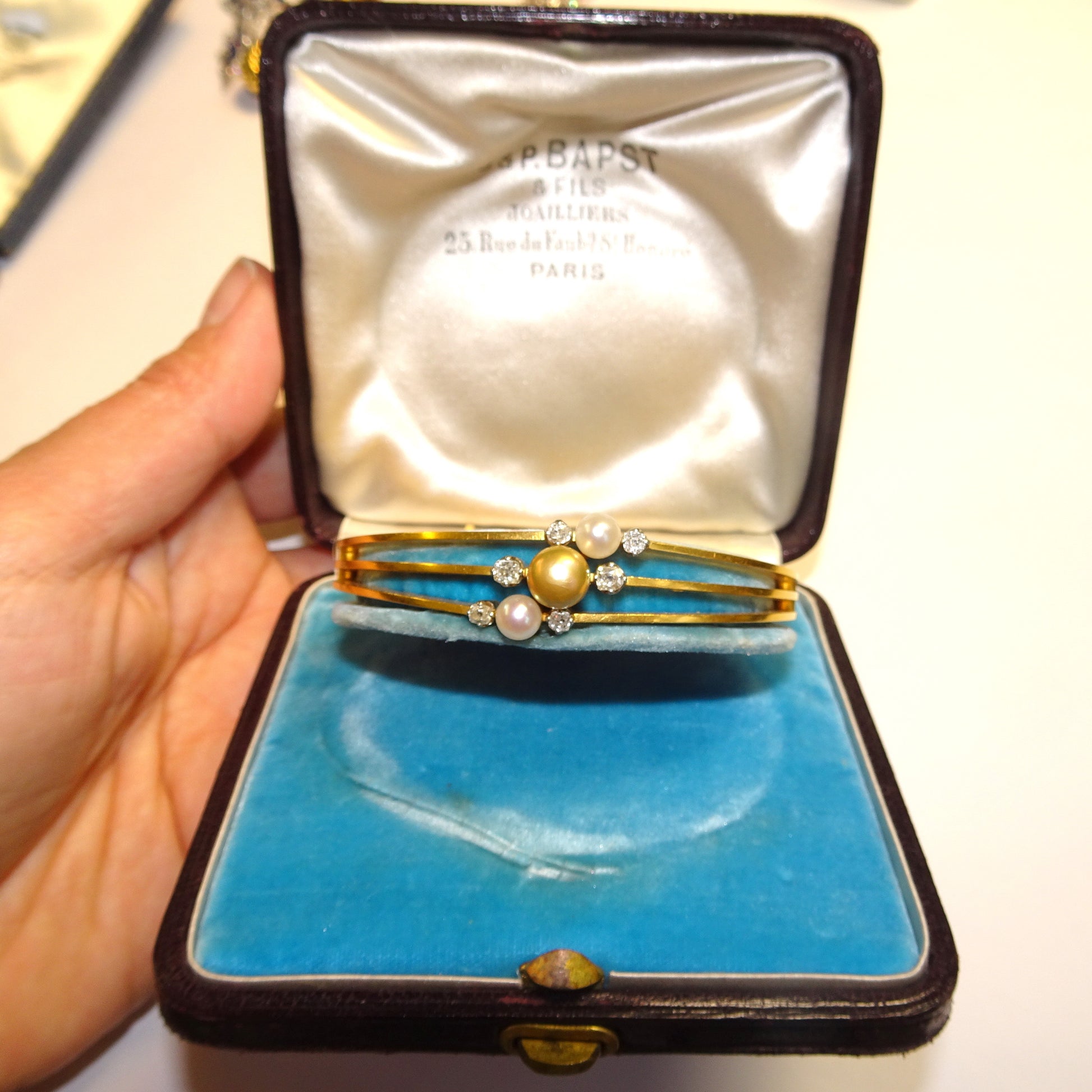 Bapst & Falize Paris Antique 18KT Yellow Gold Natural Pearl Bangle Bracelet in jewelry box