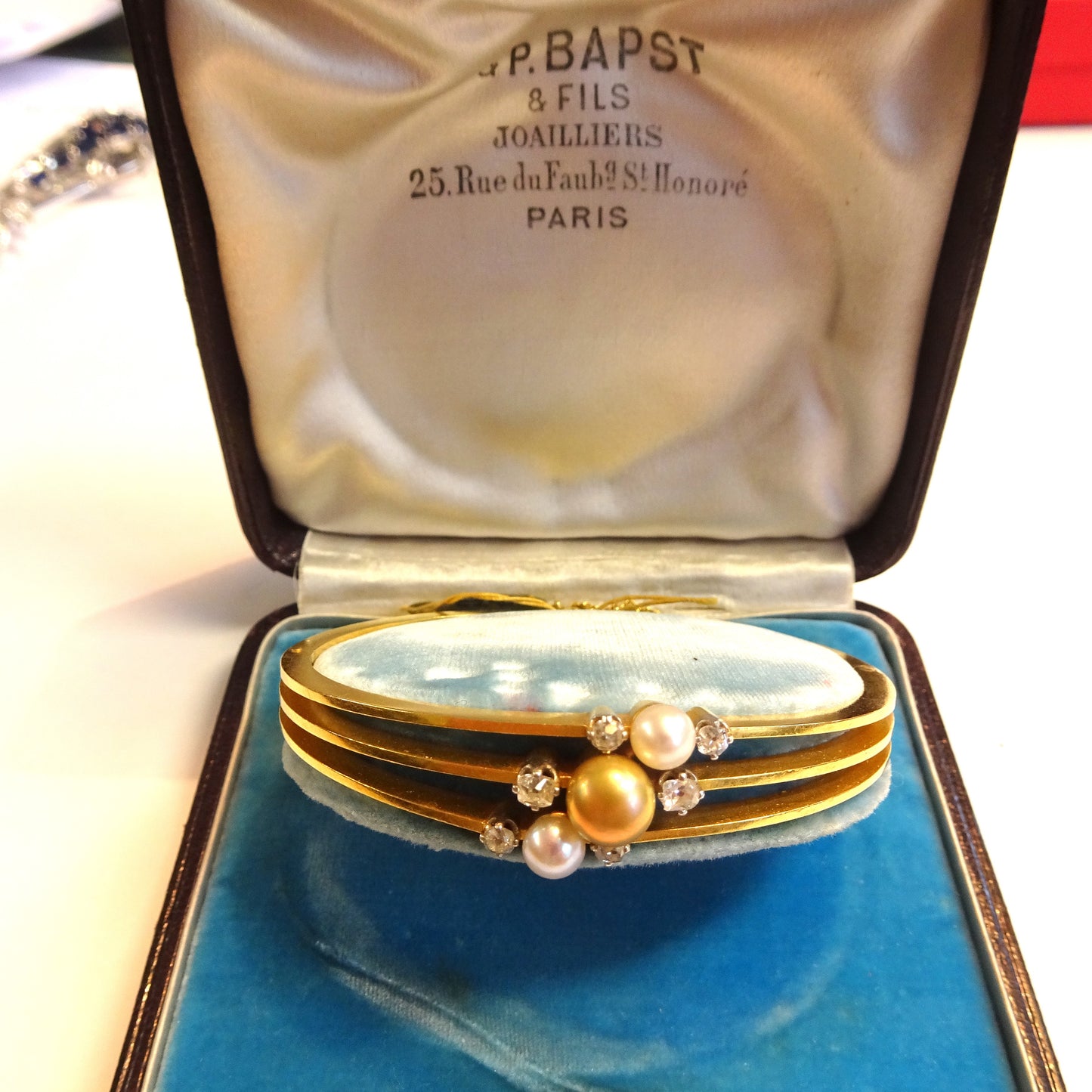 Bapst & Falize Paris Antique 18KT Yellow Gold Natural Pearl Bangle Bracelet in jewelry box