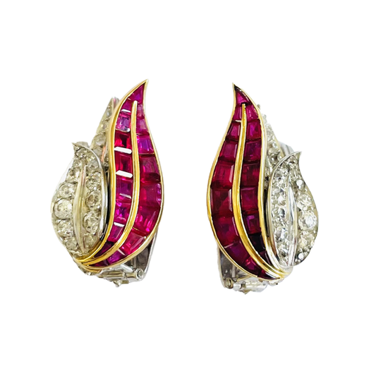Rene Boivin French 1960s Platinum & 18KT Yellow Gold Diamond & Ruby Earrings front