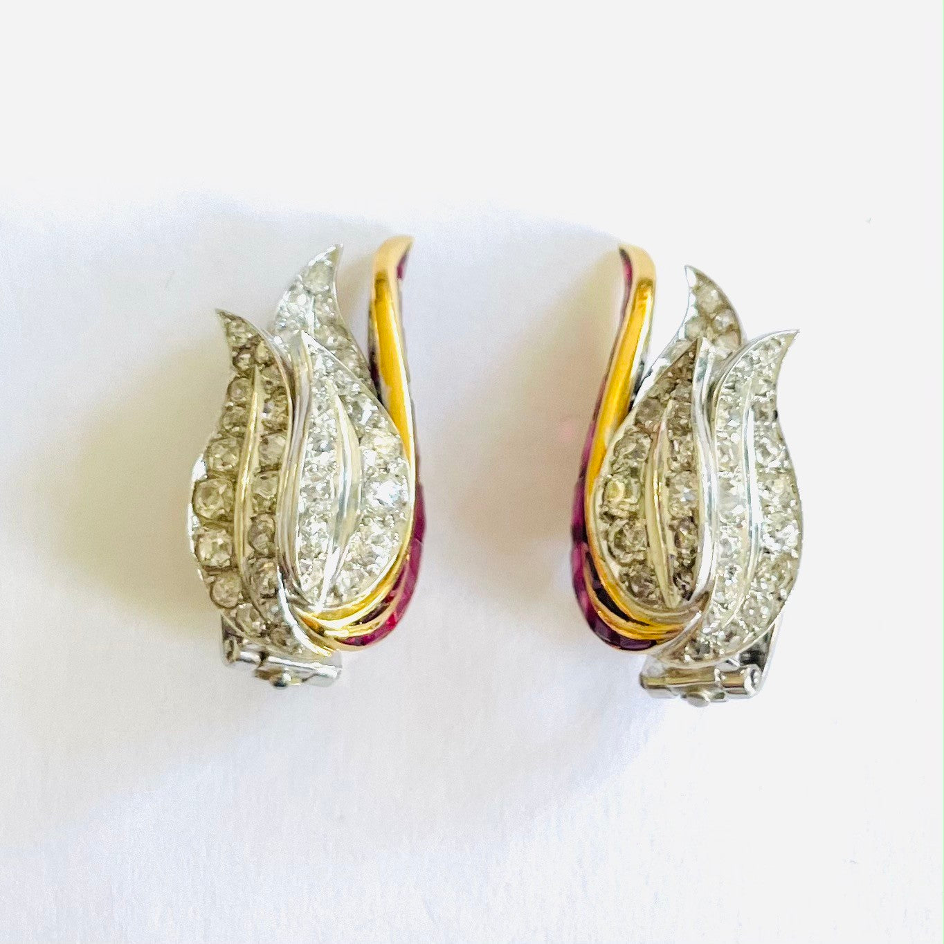 Rene Boivin French 1960s Platinum & 18KT Yellow Gold Diamond & Ruby Earrings side