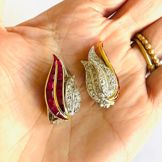 Rene Boivin French 1960s Platinum & 18KT Yellow Gold Diamond & Ruby Earrings in hand