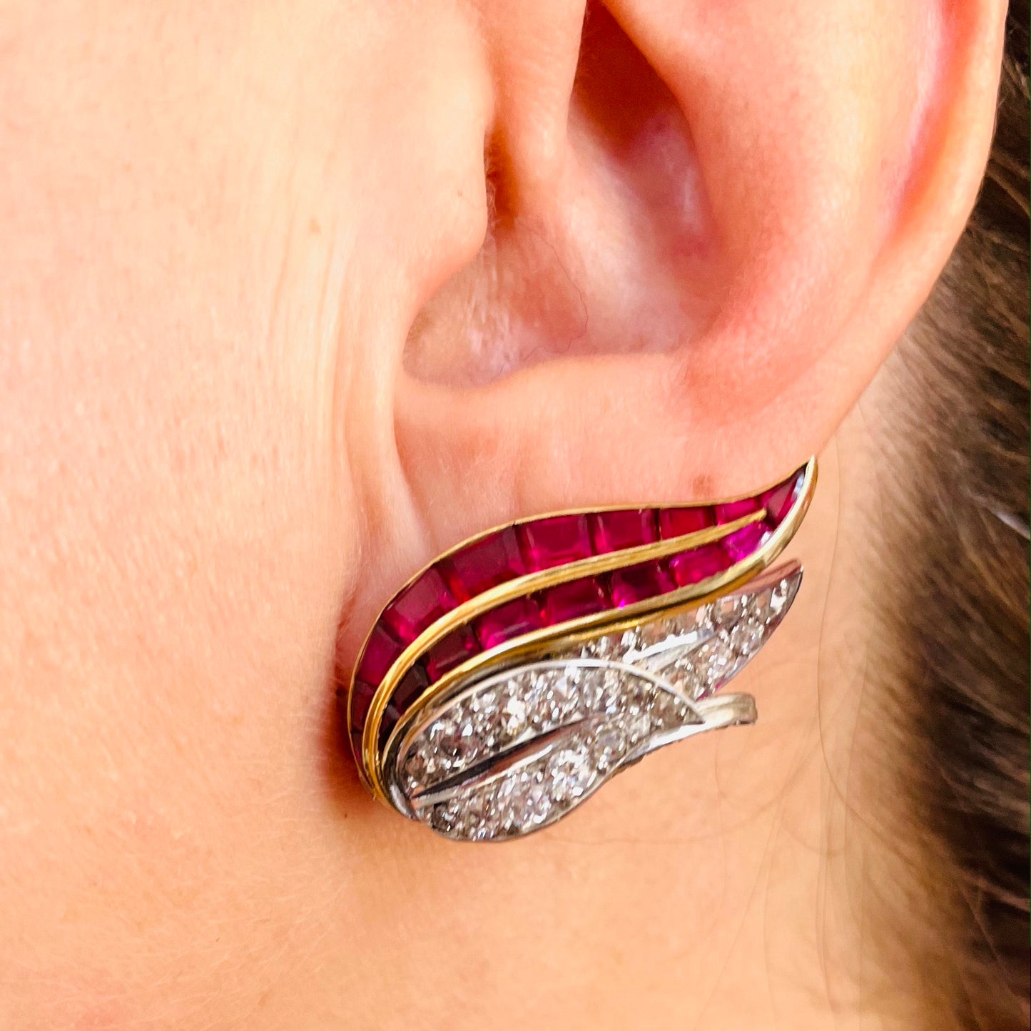 Rene Boivin French 1960s Platinum & 18KT Yellow Gold Diamond & Ruby Earrings worn on ear