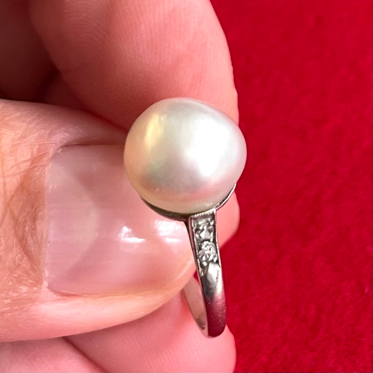 French Edwardian Platinum Natural Pearl & Diamond Ring in hand