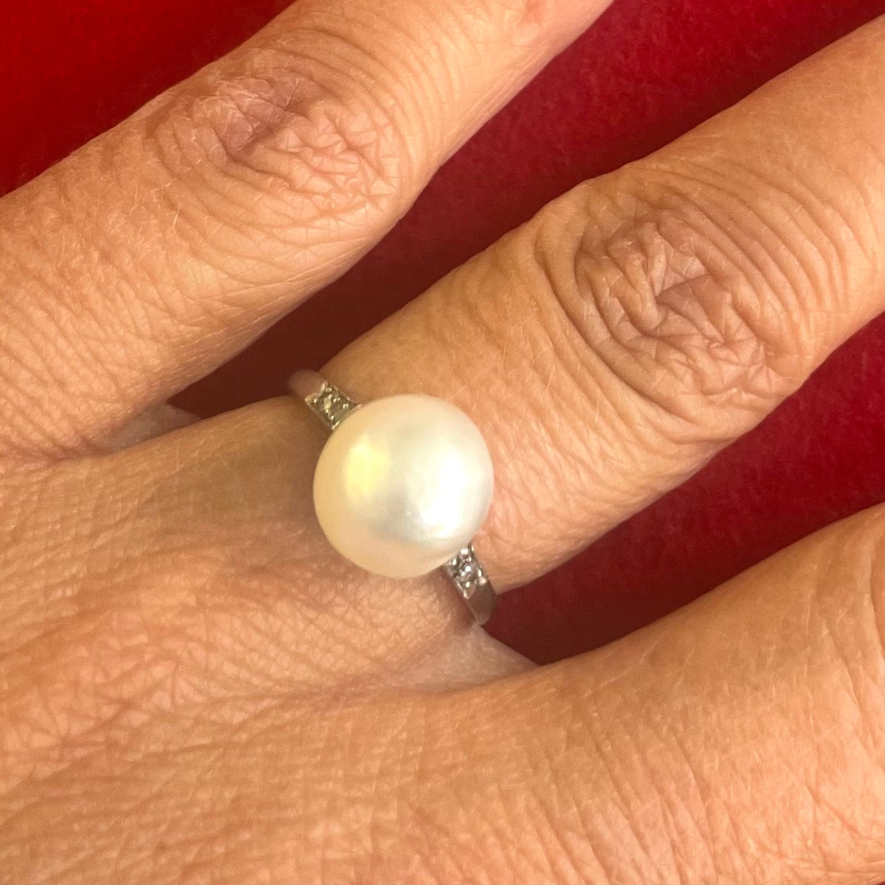French Edwardian Platinum Natural Pearl & Diamond Ring on finger