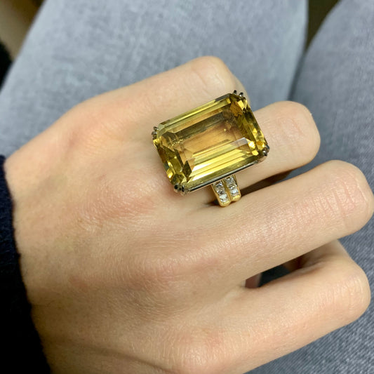 1940s 18KT Yellow Gold Citrine & Diamond Cocktail Ring worn on hand