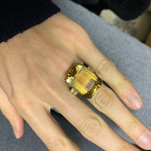 1940s 18KT Yellow Gold Citrine & Diamond Cocktail Ring worn on hand