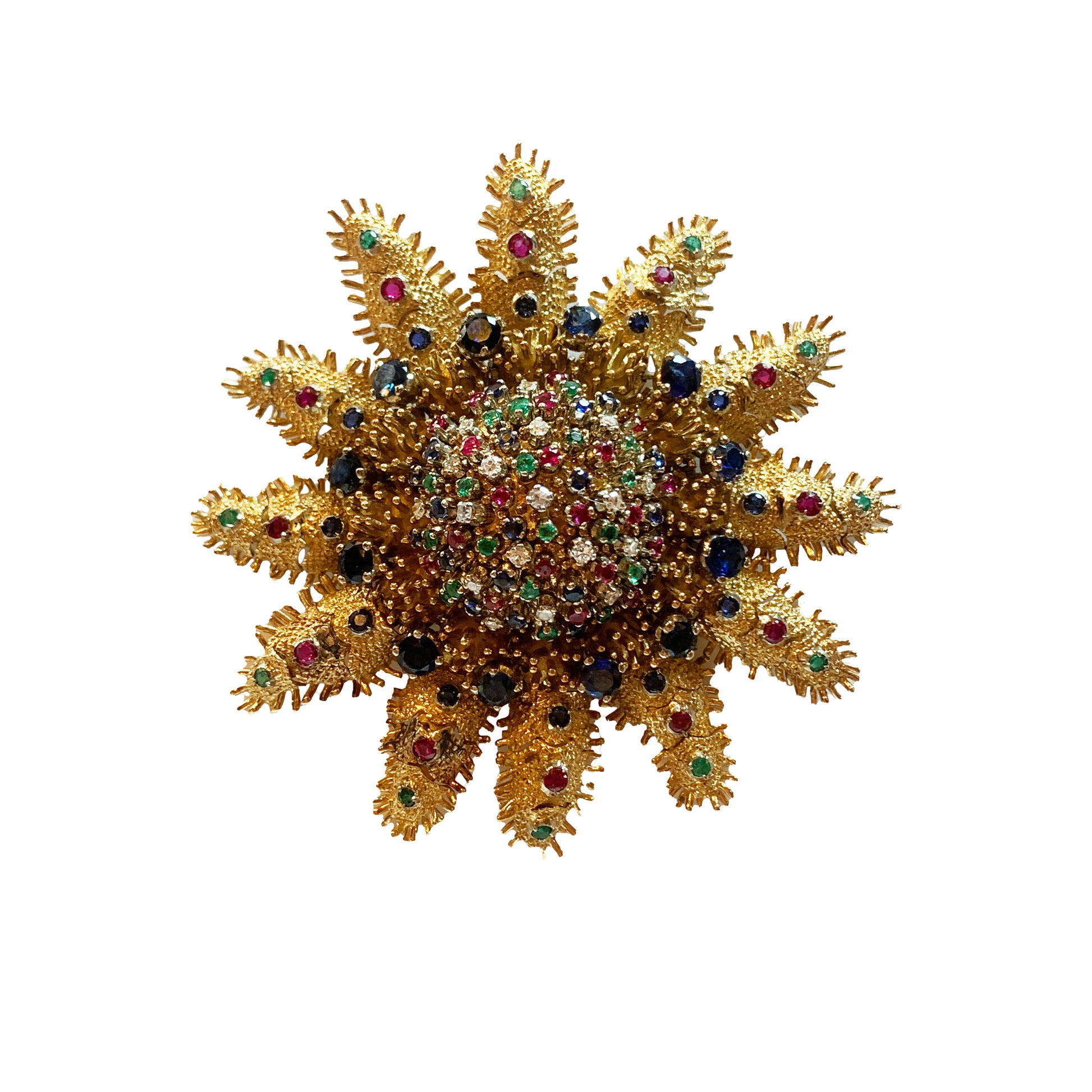 1960s 18KT Yellow Gold Diamond, Emerald, Ruby & Sapphire Articulated Starfish Brooch front