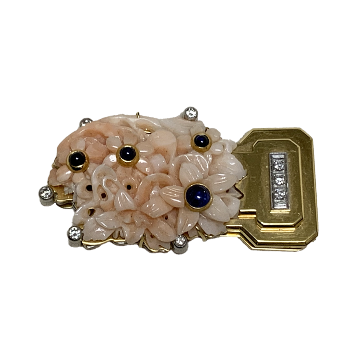 1940s 18KT Yellow Gold Coral, Diamond & Sapphire Brooch side