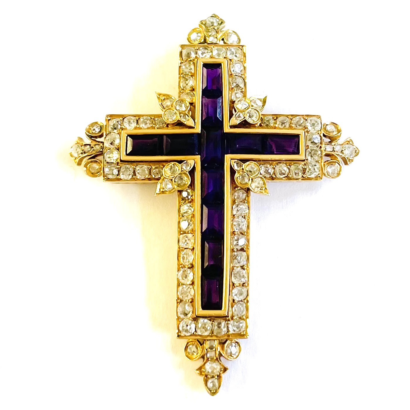 French Antique 18KT Yellow Gold Amethyst & Diamond Cross Pendant front