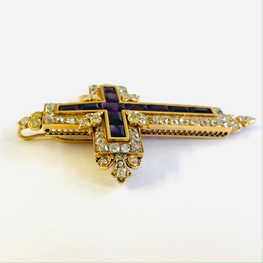 French Antique 18KT Yellow Gold Amethyst & Diamond Cross Pendant side