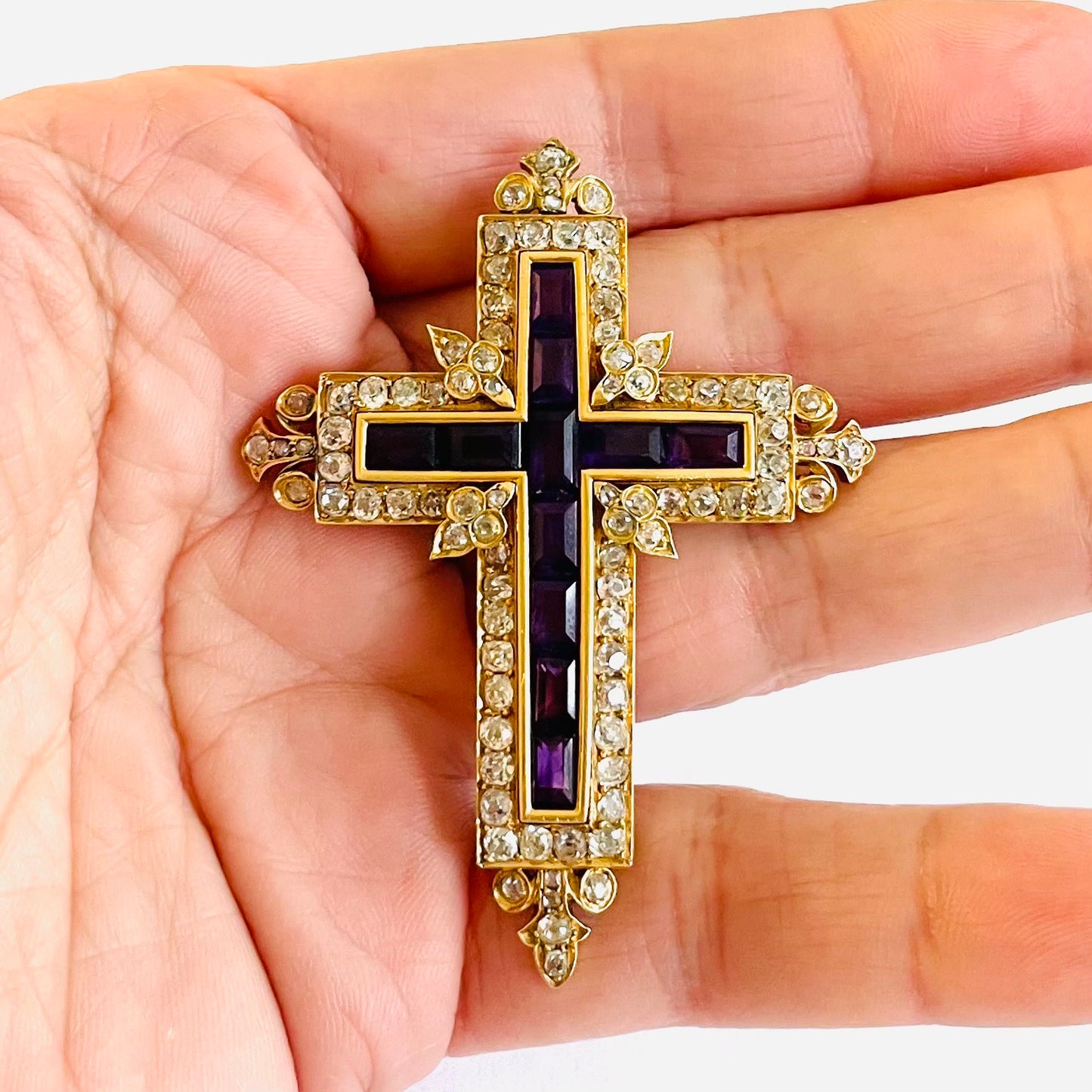 French Antique 18KT Yellow Gold Amethyst & Diamond Cross Pendant in hand