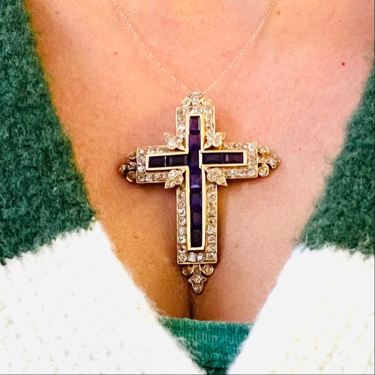 French Antique 18KT Yellow Gold Amethyst & Diamond Cross Pendant worn on neck