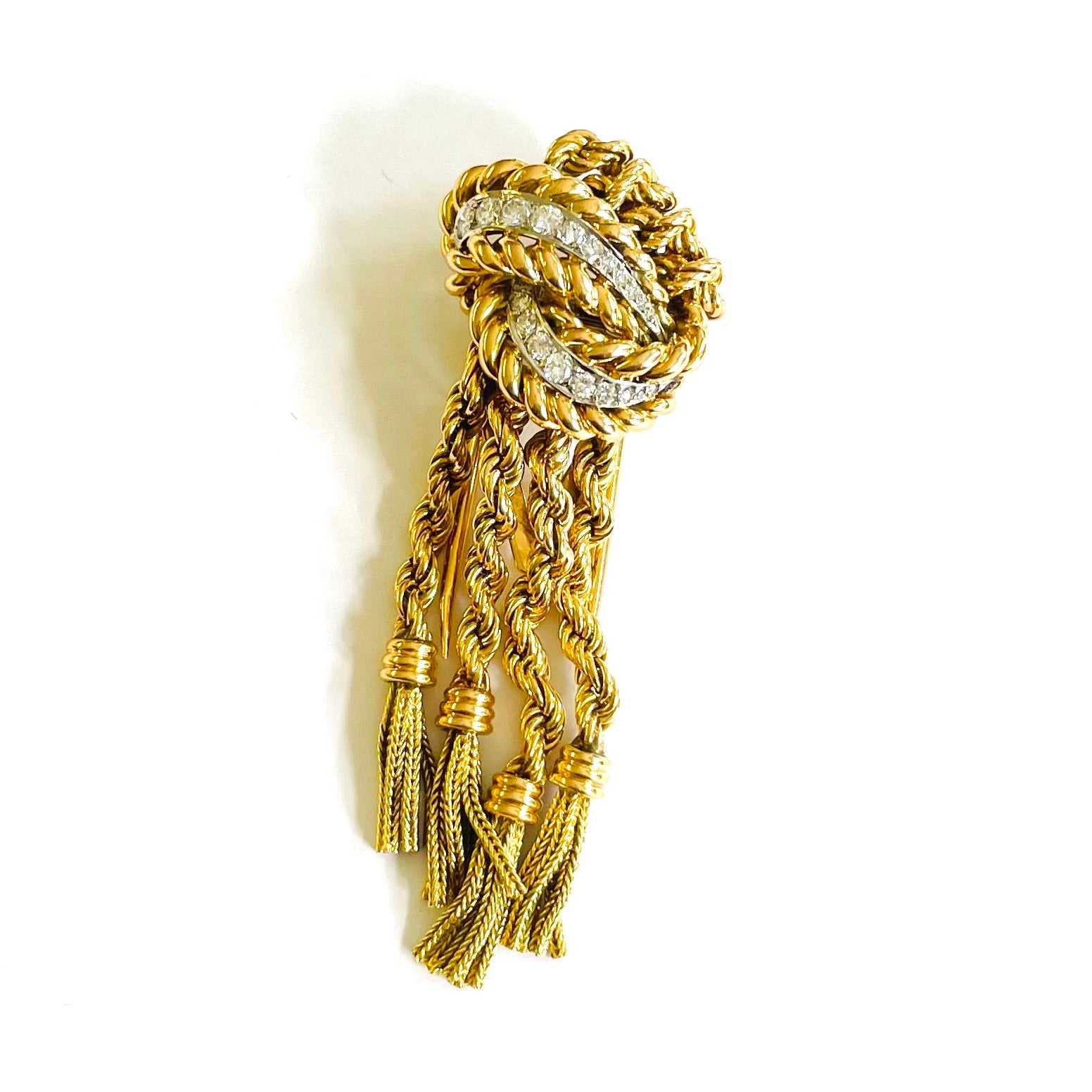 French 1940s 18KT Yellow Gold Diamond Tassel Brooch front