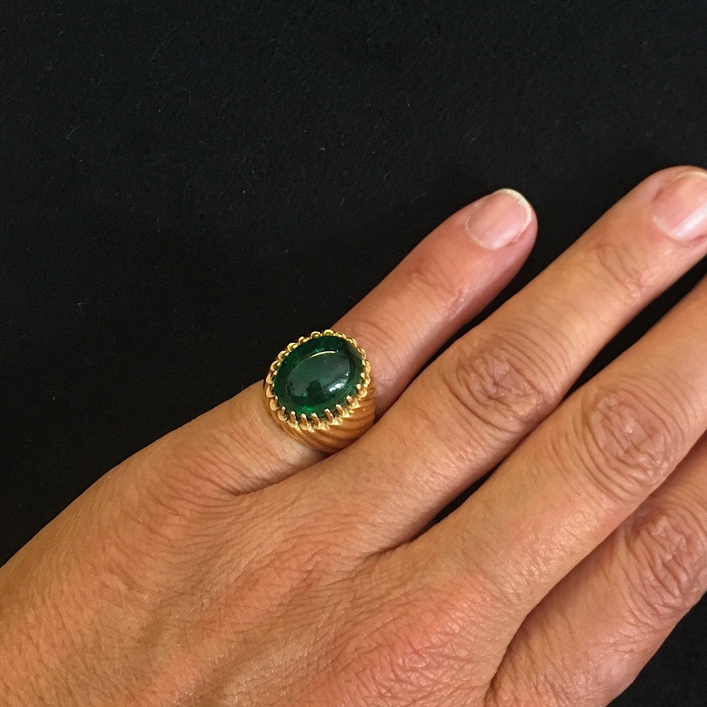 French 1950s 18KT Yellow Gold Emerald Ring on finger