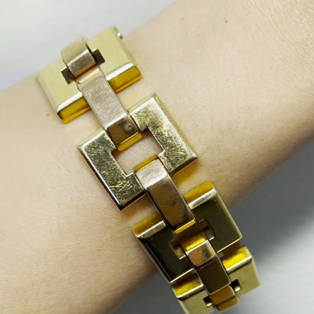 French Retro 18KT Yellow Gold Link Bracelet worn on wrist