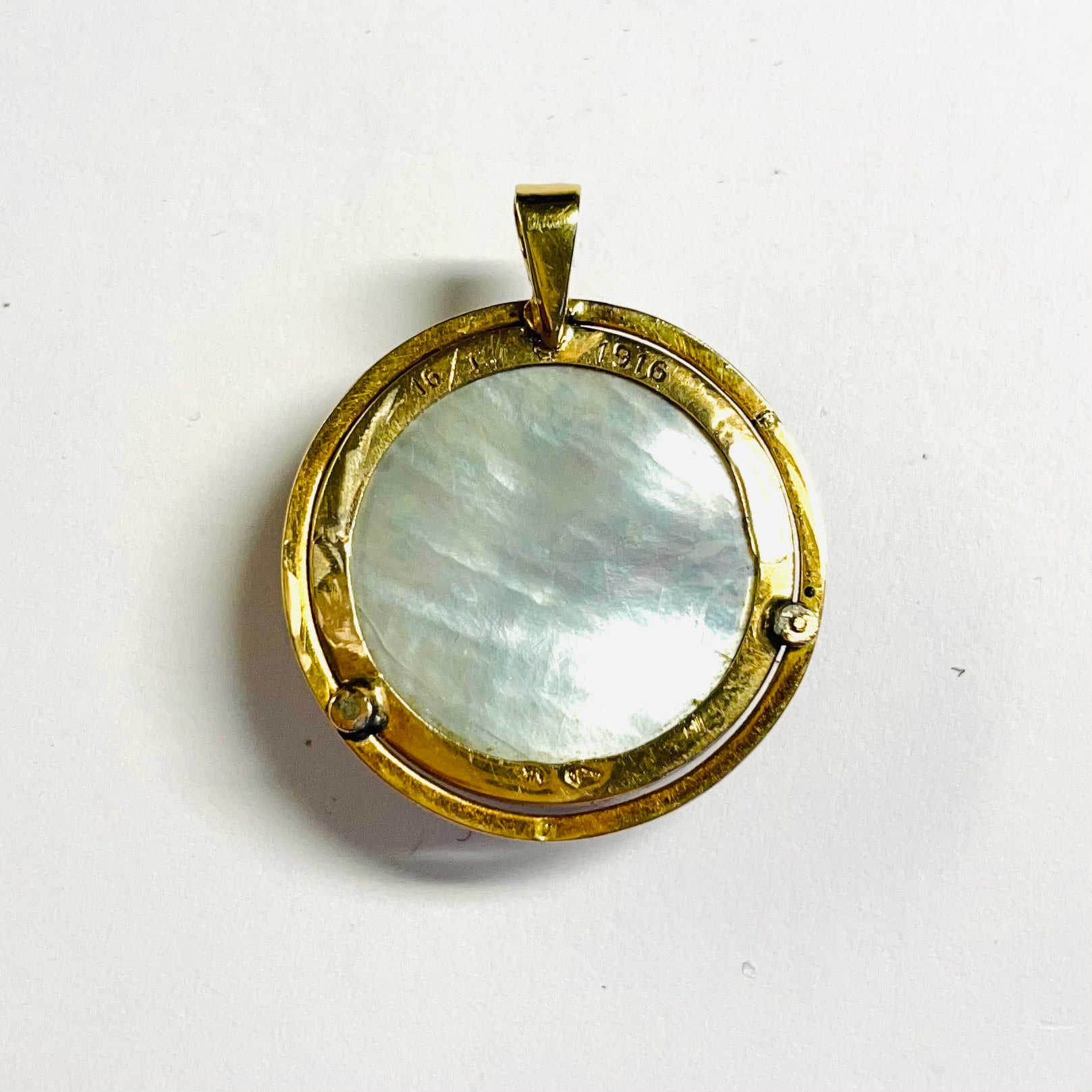 Victorian 18KT Yellow Gold Rock Crystal, Enamel & Mother of Pearl Pendant back