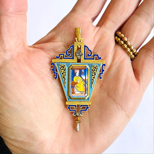 Art Nouveau 18KT Yellow Gold Enamel & Diamond Locket Pendant in hand