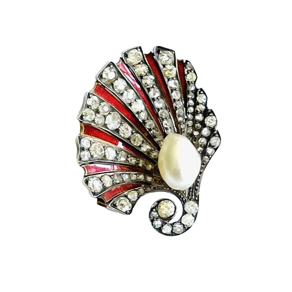 Antique Silver & 18KT Yellow Gold Natural Pearl, Diamond & Enamel Shell Brooch front