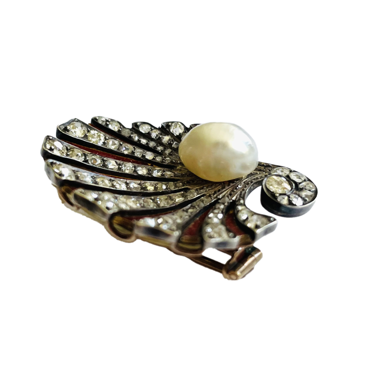 Antique Silver & 18KT Yellow Gold Natural Pearl, Diamond & Enamel Shell Brooch profile