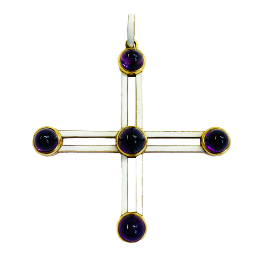 Victorian 18KT Yellow Gold Amethyst & Enamel Cross Pendant front