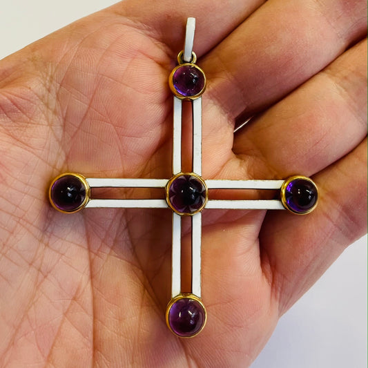 Victorian 18KT Yellow Gold Amethyst & Enamel Cross Pendant in hand