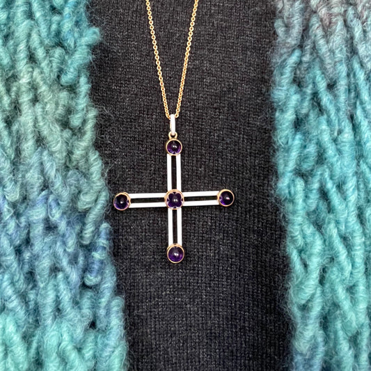 Victorian 18KT Yellow Gold Amethyst & Enamel Cross Pendant worn on neck