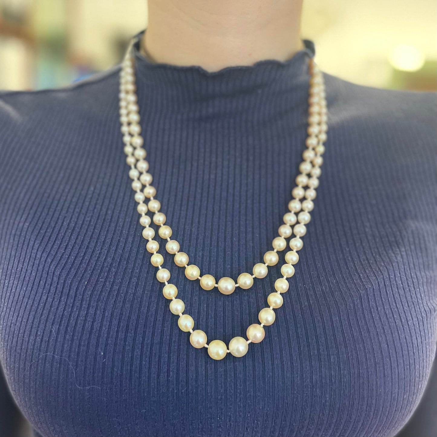 1930s Platinum Natural Pearl Necklace Set worn on neck