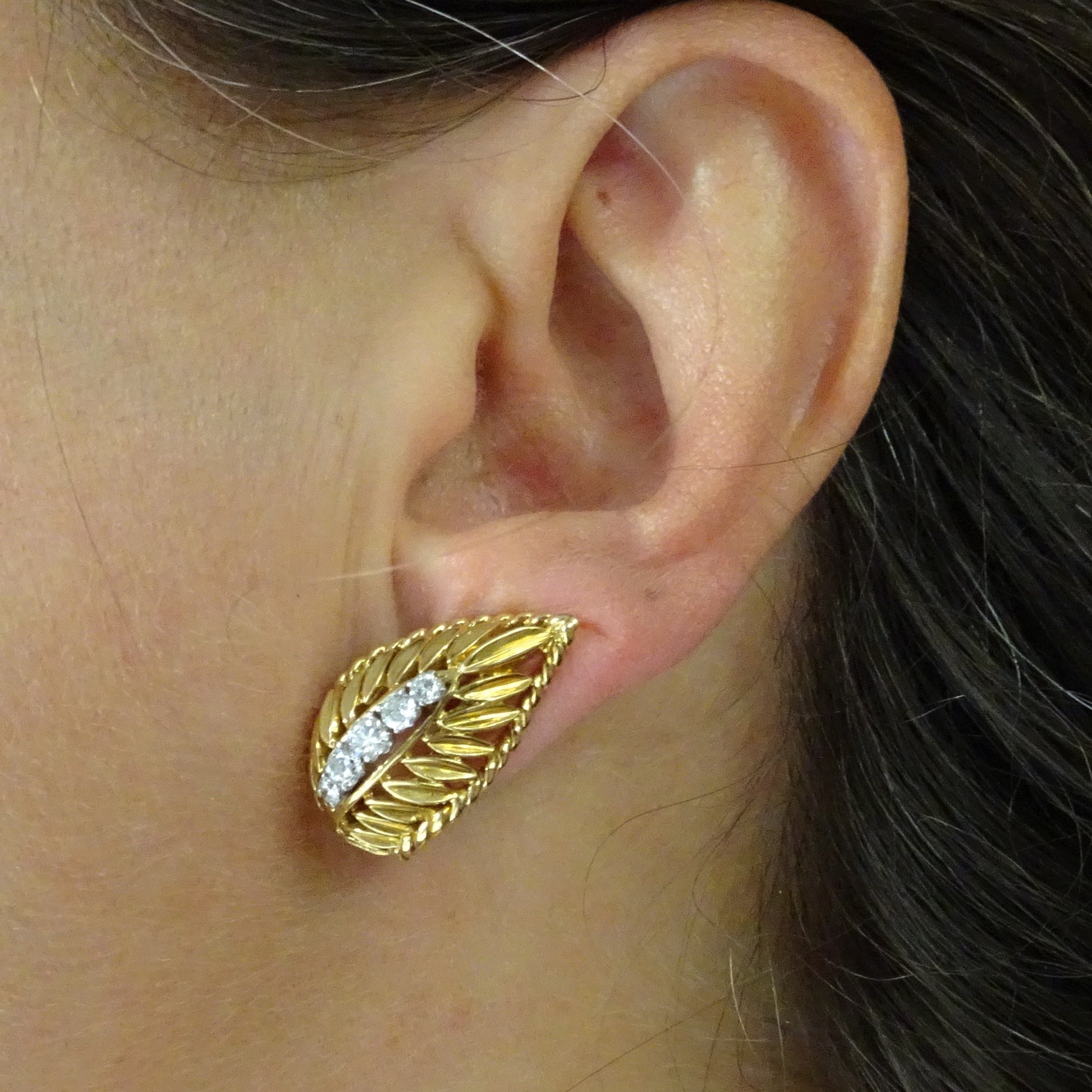 Pery Fils French 1950s 18KT Yellow Gold Diamond Earrings on ear