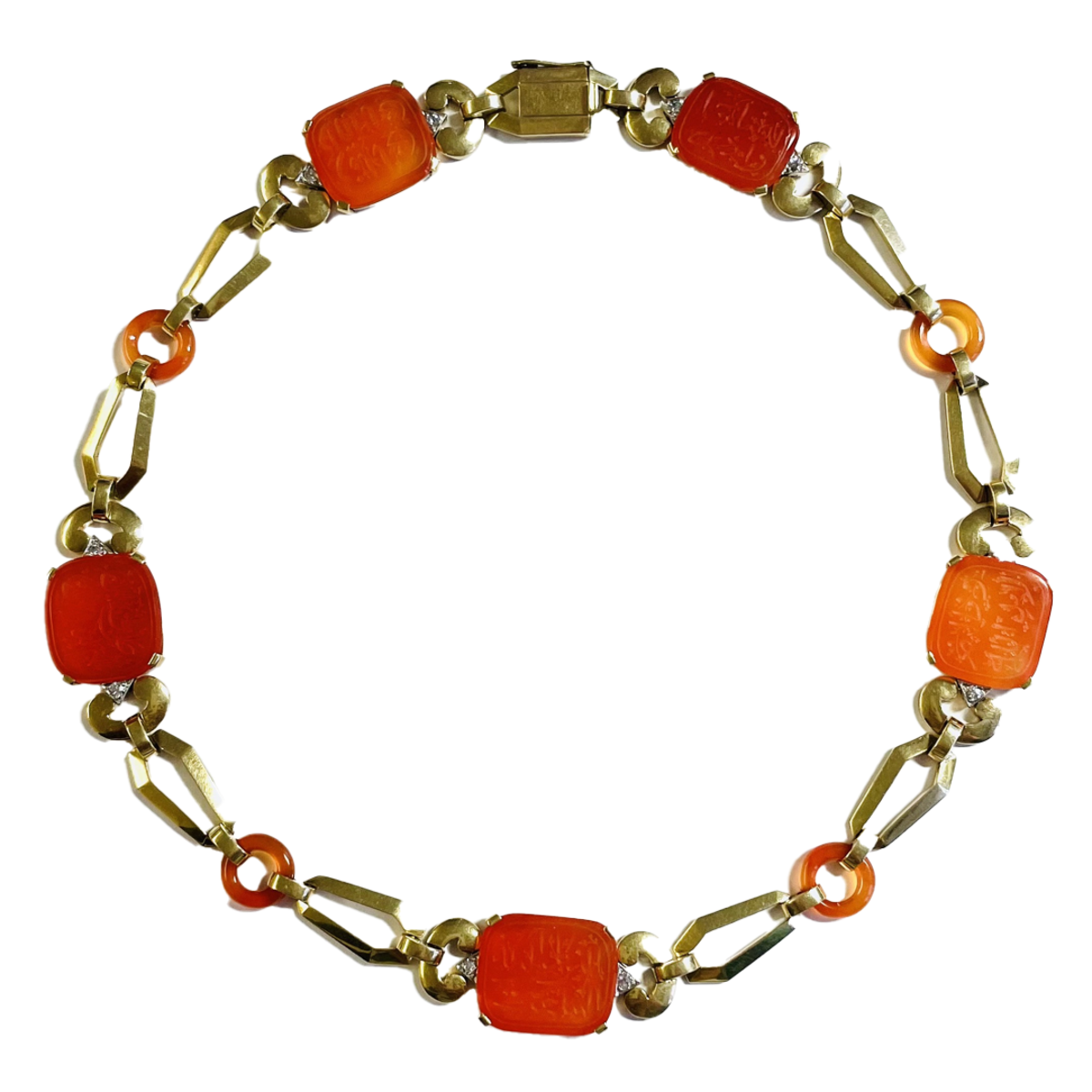 1930s 18KT White Gold Carnelian Agate & Diamond Necklace front