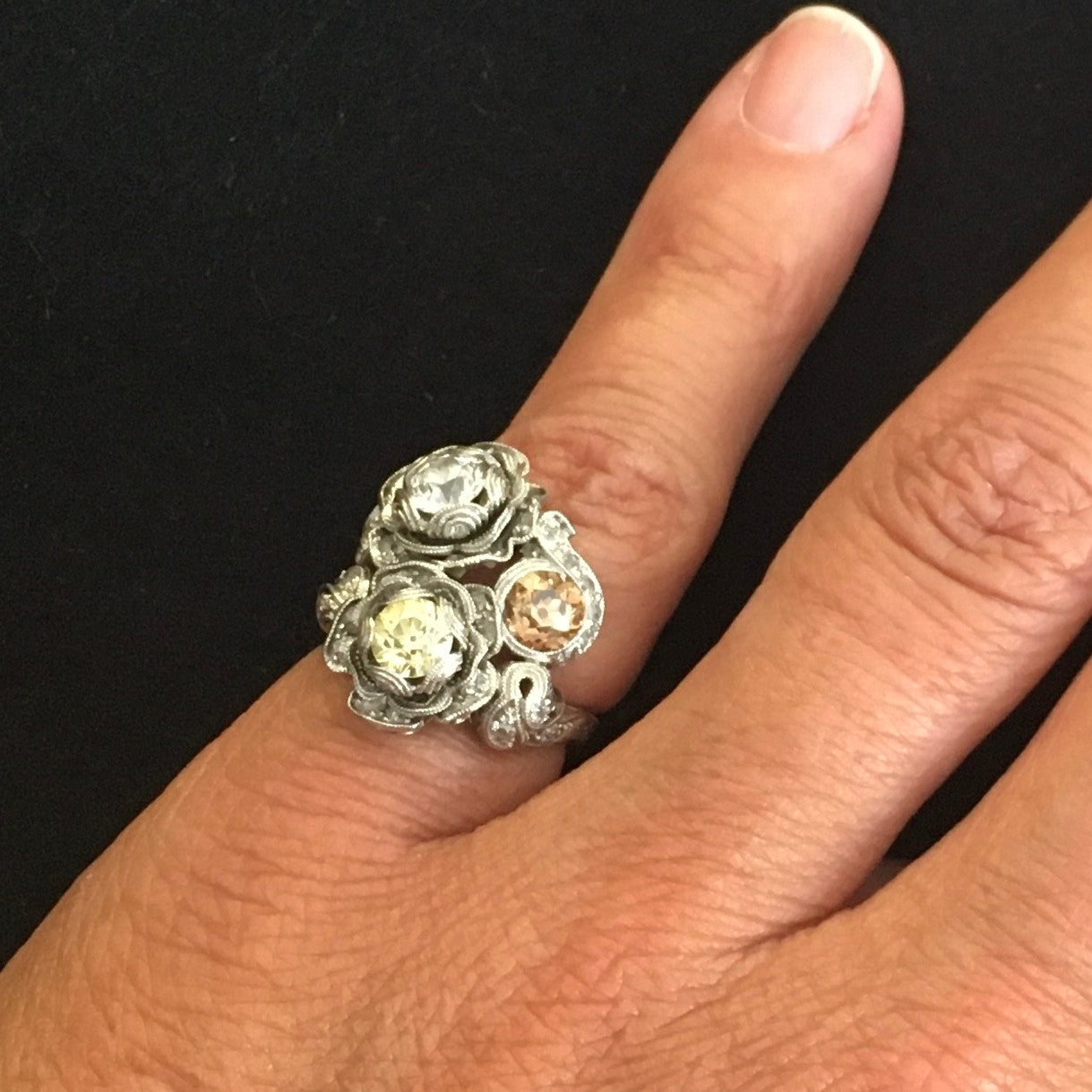 French Edwardian Platinum Diamond Ring worn on finger