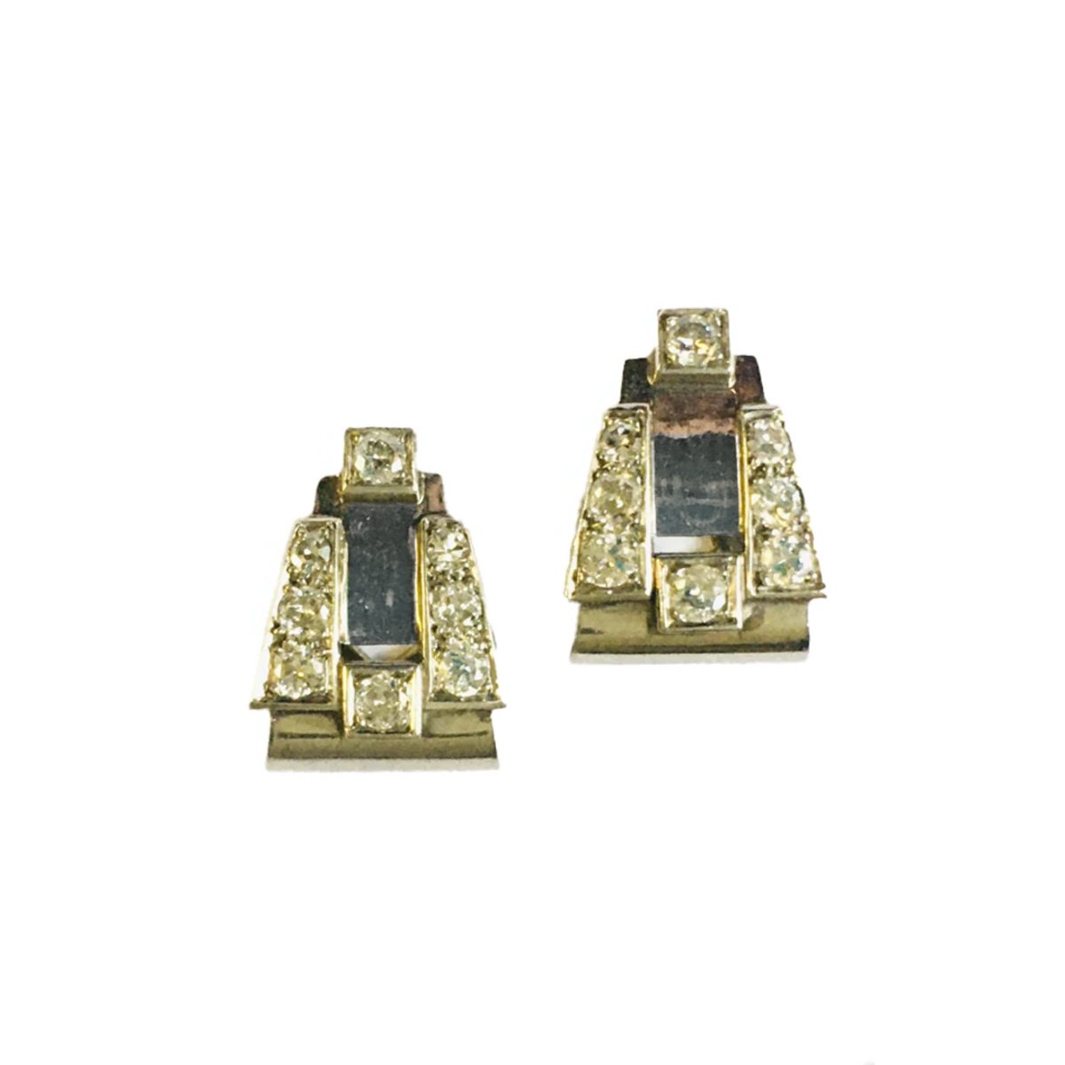 French 1930s Platinum & 18KT Yellow Gold Diamond Earrings front