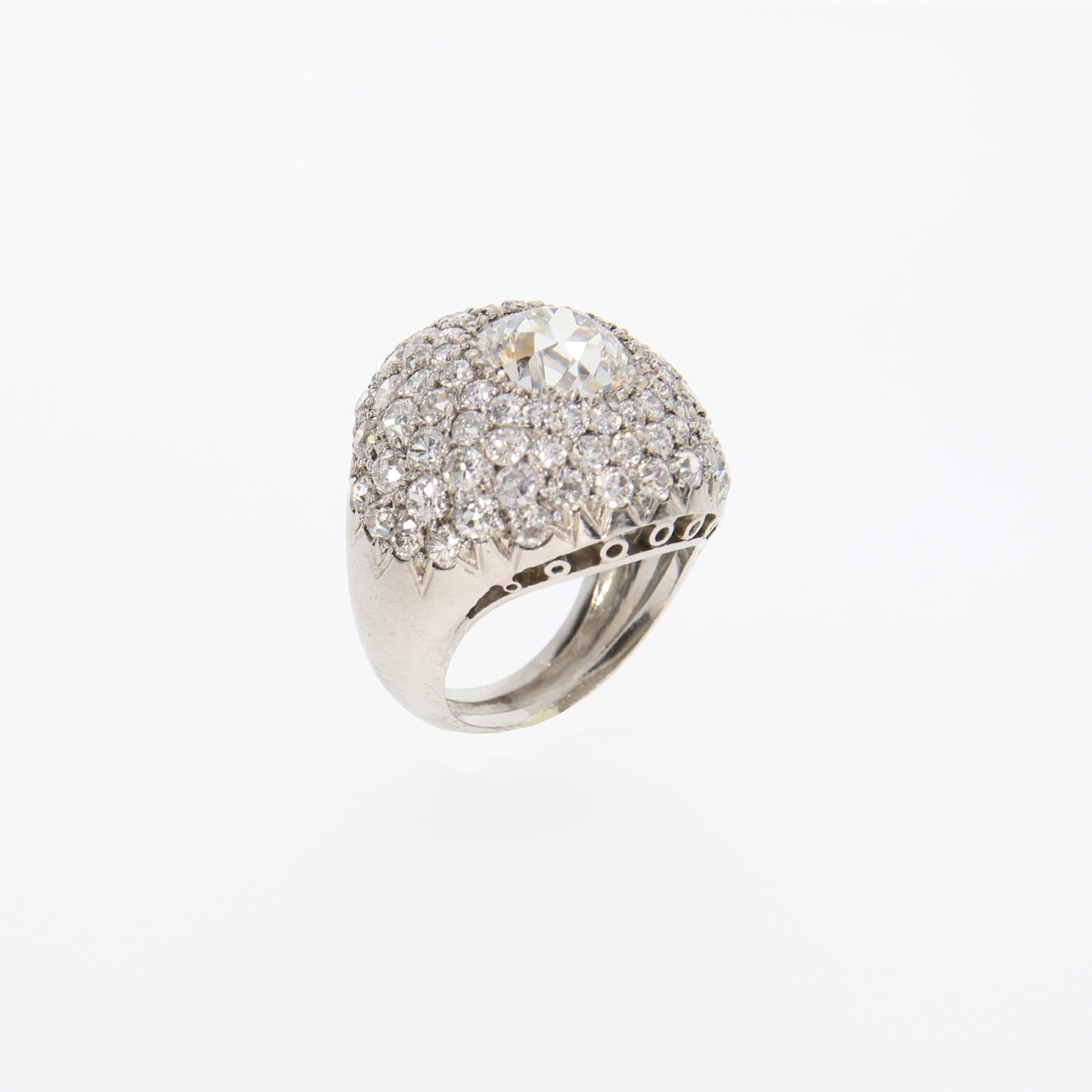 French 1930s Platinum Diamond Bombé Ring profile