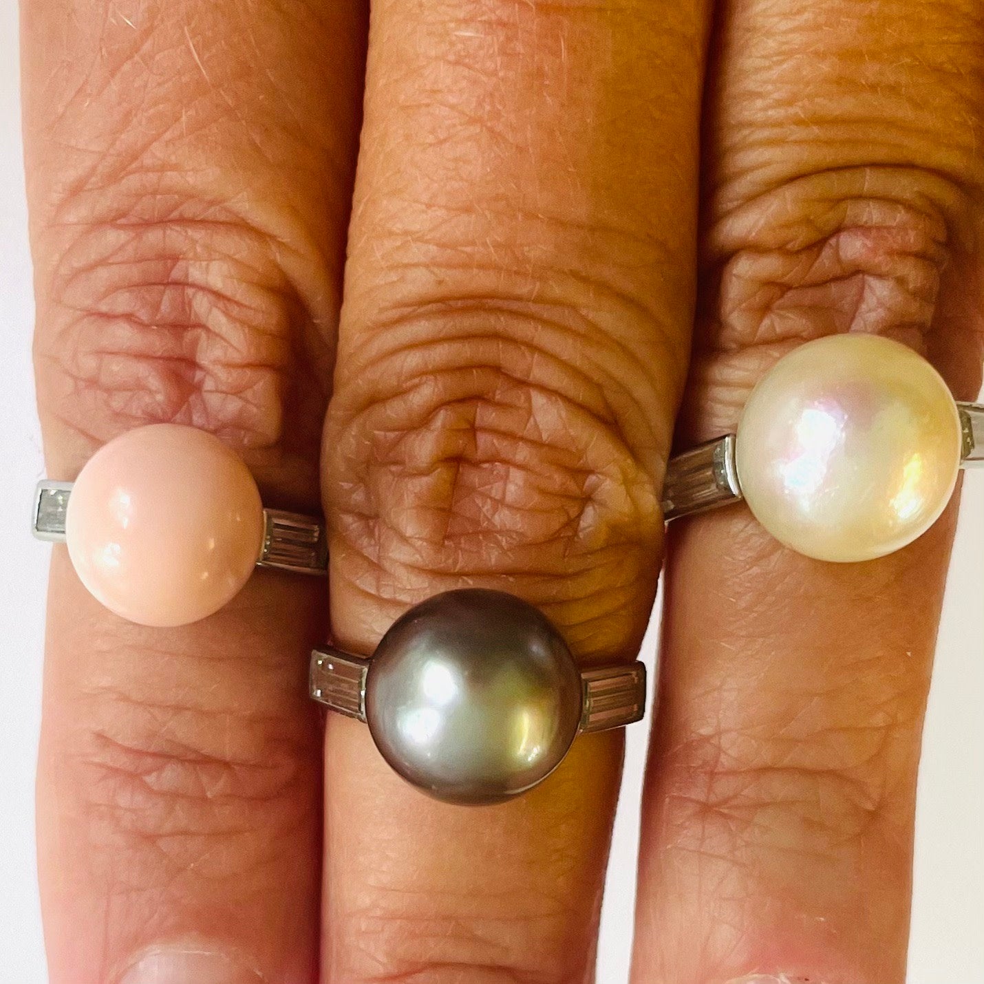 French Art Deco Platinum Natural Pearl & Conch Pearl Ring Set on fingers