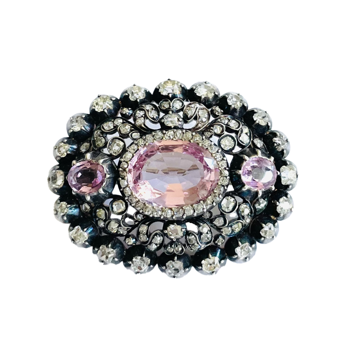 Victorian Silver & 18KT Yellow Gold Pink Topaz & Diamond Brooch front