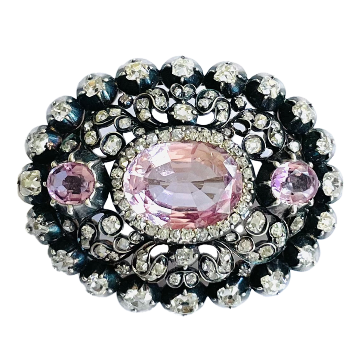 Victorian Silver & 18KT Yellow Gold Pink Topaz & Diamond Brooch close-up front