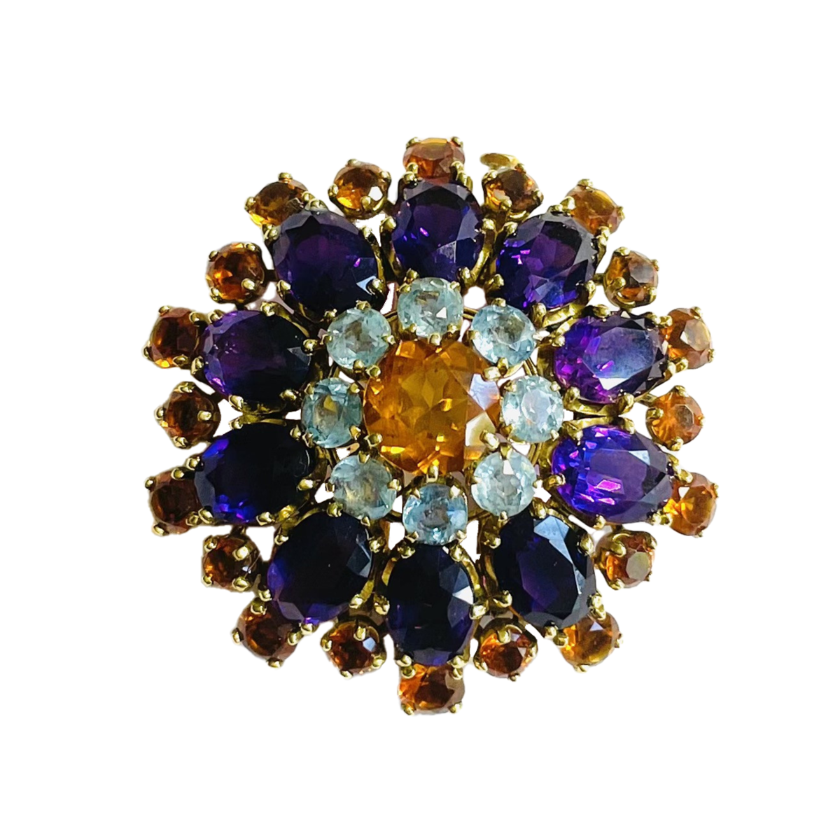 Mellerio French 1960s 18KT Yellow Gold Amethyst, Aquamarine & Citrine Brooch front