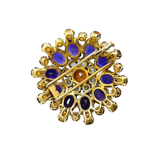 Mellerio French 1960s 18KT Yellow Gold Amethyst, Aquamarine & Citrine Brooch back